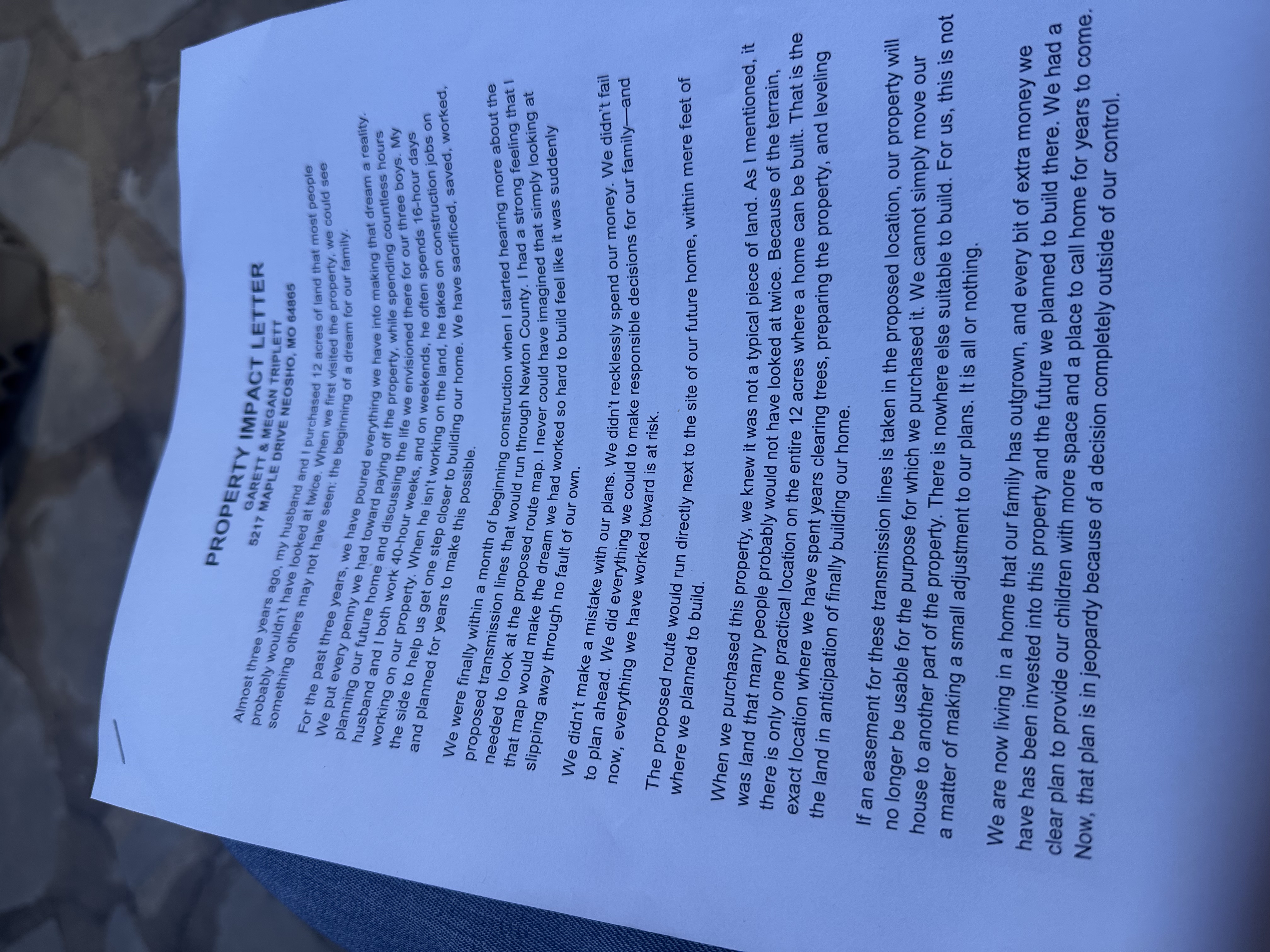 Page 1 of the Triplett property impact letter